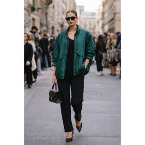 Lavon VTG Emerald Green Silk Quilted Bomber Jacket Oversized Runway Street M